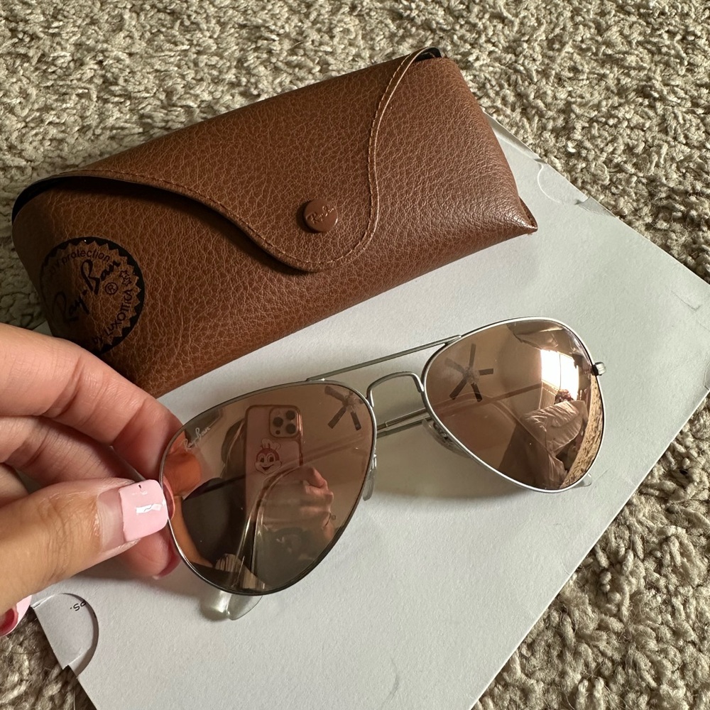 Ray-Ban Peach/ Pink and Silver Aviator Sunglasses with Brown Case